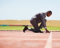 Start, race track and man in a suit for sport, running and fitness, cardio and speed practice. Starting line, ready and Royalty Free Stock Photo