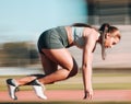 Start, running and fast with woman on race track for fitness, speed and marathon exercise. Competition, health and Royalty Free Stock Photo