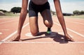 Start running and sports with black woman on stadium ground for training, stamina and workout. Strong, energy and Royalty Free Stock Photo