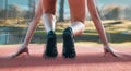 Start, running and sports with shoes of person on race track for fitness, speed and marathon training. Competition Royalty Free Stock Photo