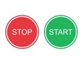 Start and stop buttons in red and green colors. Round power off and on circle. Isolated control shape with stop and start text.