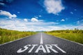 Start text on long road with green field and blue sky Royalty Free Stock Photo