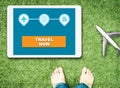Start travel now on tablet with feet and plane Royalty Free Stock Photo
