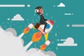 Start up Business Concept, Young businessman riding a rocket int