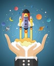 Start up concept. rocket flying on hands Royalty Free Stock Photo