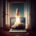 Start up concept with rocket flying out of laptop screen. Mixed media