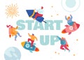 Start Up, Creative Business Idea Concept. Happy Businesspeople Flying on Rocket Engine and Jet Packs