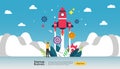 start up idea concept. project business with rocket tiny people character. new product or service launch template for web landing Royalty Free Stock Photo