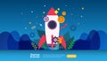 start up idea concept. project business with rocket tiny people character. new product or service launch template for web landing Royalty Free Stock Photo