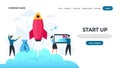 Start up landing page. Trendy entrepreneur characters starting project, successful strategy concept. Vector product