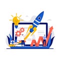 Start up launch, venture, entrepreneurship concept with tiny character. Development process of new business project abstract Royalty Free Stock Photo