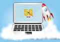 Start up rocket. Smoke clouds. Wireless network speed concept, 5G evolution. Laptop on blue background. Realistic vector