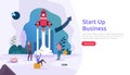 start up service or new product idea launch concept. project business with rocket tiny people character. template for web landing