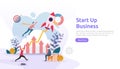 start up service or new product idea launch concept. project business with rocket tiny people character. template for web landing