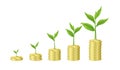 Start up step deposit. Little tree growing on pile of coins money Royalty Free Stock Photo