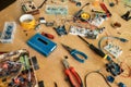 Start working. Robot diy assembly kit. Electrical components kit for building digital devices. Robotics parts and