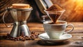 Effortless Morning Coffee A StepbyStep Guide to Perfect Drip Coffee Brewing with Dripper Cup and Grounds Royalty Free Stock Photo