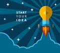 Start your idea, creative poster with light bulb transformed into rocket