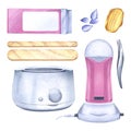 Starter kit for body hair removal. Wax melter, wax cartridge, tweezers, wooden sticks, granules. Watercolor illustration
