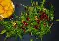 Starter of a rocket salad with pomegranate seeds on a layered salad of avocado, mozarella and mango, dressing of the starter of Royalty Free Stock Photo