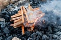 Starting the camp fire with kindling. Camping life Royalty Free Stock Photo
