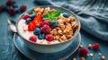 A wholesome breakfast choice: delicious muesli paired with creamy yogurt and a mix of raspberries, strawberries and blueberries Royalty Free Stock Photo