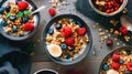 Starting the day right: nutritious muesli with creamy yogurt and a fresh array of raspberries, strawberries, bananas, and Royalty Free Stock Photo