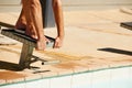 Starting the race. A young man diving off a starting block. Royalty Free Stock Photo