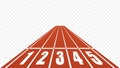 Starting red running track stadium isolated. Straight race track with start white numbers. Royalty Free Stock Photo