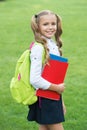 Starting to learn more. Happy kid hold study books outdoors. Study and education. Formal schooling. Private teaching Royalty Free Stock Photo