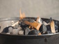 Starting up garden barbeque. Heating up charcoal stage. Burning coal. Summer time activity, Food preparation in a park or backyard Royalty Free Stock Photo