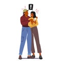 Startled Couple Characters Watch Fake News On Phone, Expressions Filled With Disbelief And Concern, Vector Illustration