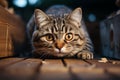 Startled feline discovered in cupboard, wide eyed Womans hand unveils its hiding place