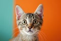 Startled Feline Displays Wideeyed Astonishment Against Vibrant Backdrop In Closeup Standard