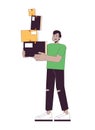 Startled man carrying stacked boxes line cartoon flat illustration
