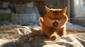 Startled red cat leaps, hissing in grumpiness, awakened on my bed. Ai Generated