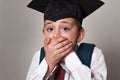 Startled schoolboy covered his mouth with hands. Boy in student hat. White background. Middle School