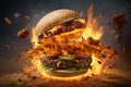 Startling Hamburger explosion. Grilled meal bun Royalty Free Stock Photo