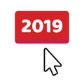 2019 almost starts, red button enter page with hand glove cursor pointer push button