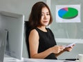 A startup asian young businesswoman wearing black dress , sitting on the desk in the office , busy holding documents for analyzing Royalty Free Stock Photo