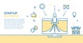 Startup business banner. Vector illustration for business related subjects. Rocket launch on computer with different icons Royalty Free Stock Photo