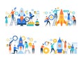 Startup business characters. Rocket launch success people making work freedom career managers office vector business