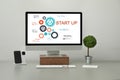 Startup business concept. Computer with illustration of digital marketing plan Royalty Free Stock Photo