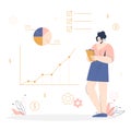 Startup and business concept. Girl is holding clipboard in the front of marketing data presented as line and pie chart. Royalty Free Stock Photo