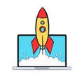 Startup business concept. Rocket launching and laptop. Cartoon. Vector illustration Royalty Free Stock Photo