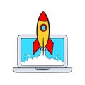 Startup business concept. Rocket launching and laptop. Vector illustration. Isolated on white background Royalty Free Stock Photo