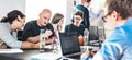 Startup business and entrepreneurship problem solving. Young AI programmers and IT software developers team Royalty Free Stock Photo