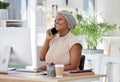 Startup, business or happy black woman on a phone call talking, communication or speaking of ideas in office. Smile Royalty Free Stock Photo