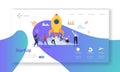 Startup Business Landing Page. New Project Banner with Flat People Characters Launching Rocket Website Template Royalty Free Stock Photo