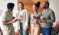 Startup business people, coffee break chat and happy together with team building, laughter and funny time. Men, women Royalty Free Stock Photo